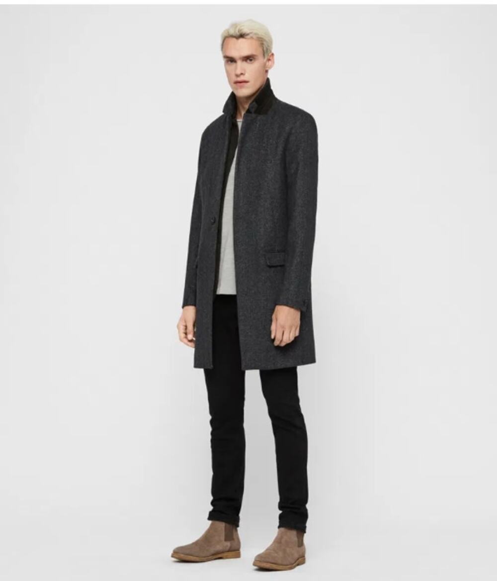 All Saints Merton Coat Mens 40 US Large Gray Cashmere Blend Leather Minimalist